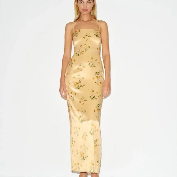 Reformation Yellow Floral Satin Slip Maxi Dress - Picture 2 of 2